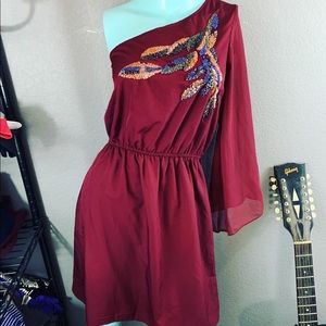 NWOT Angie One Sleeve BEADED Burgundy Tunic OR DRESS asymmetrical beaded